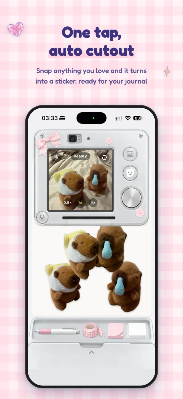 カメラ画面：シャッターひとつで2つのぬいぐるみがステッカーに