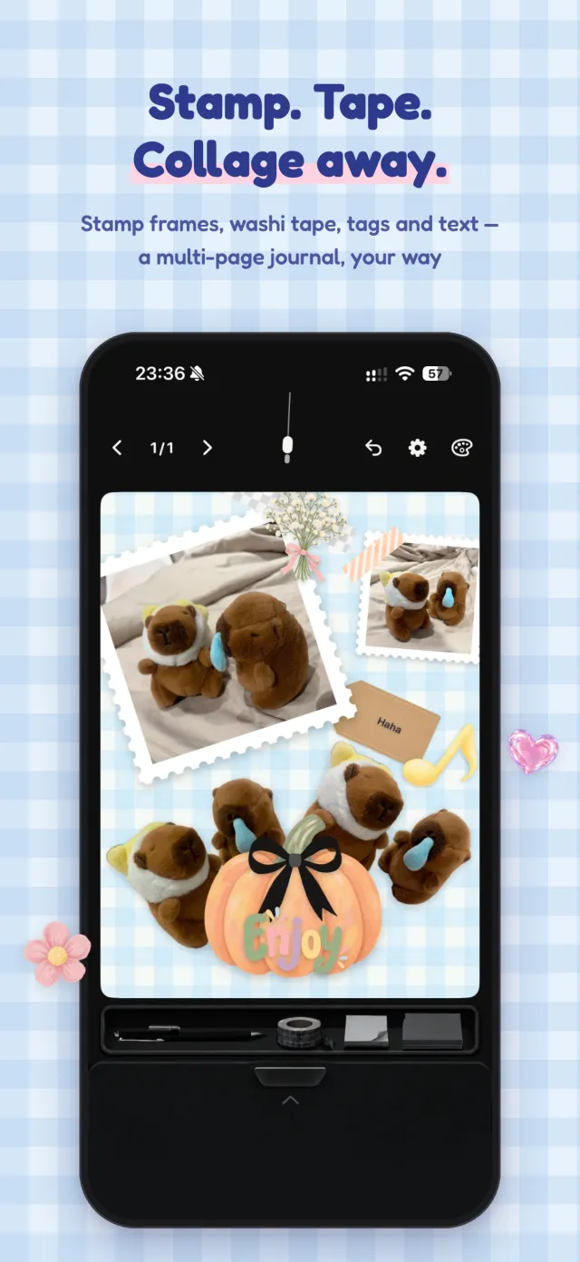 切手フレームの写真、マスキングテープ、タグ、ステッカーでデコした手帳ページ