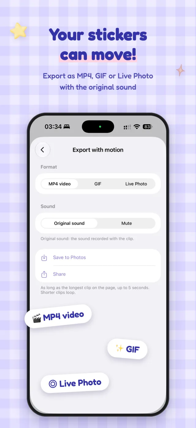 動きの書き出し：MP4 動画、GIF、Live Photo